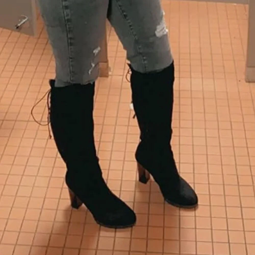 🆕Women's Black-imitation Suede Thigh High Over The Knee Rounded Toe Tall Boot